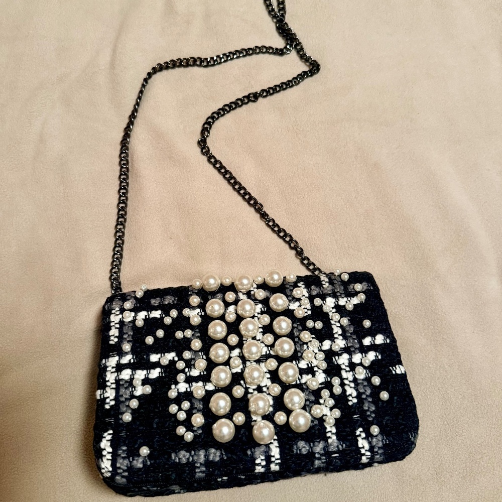 Chico’s Black White Tweed Pearl Embellished Crossbody Evening Bag Chain Strap